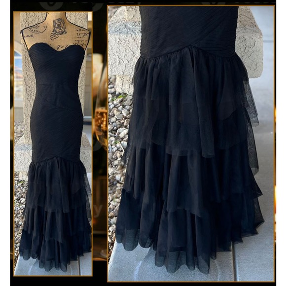 Lulus Strapless Black Tulle Pleated Trumpet Stunning Icon Maxi Dress Size M - Picture 3 of 12